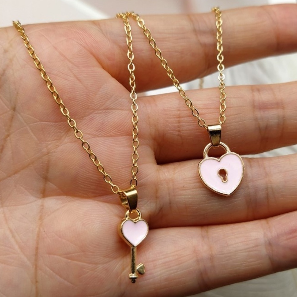 *CARYS* 2-Pc Gold x Pink Heart Lock & Key Fashion Necklace Set